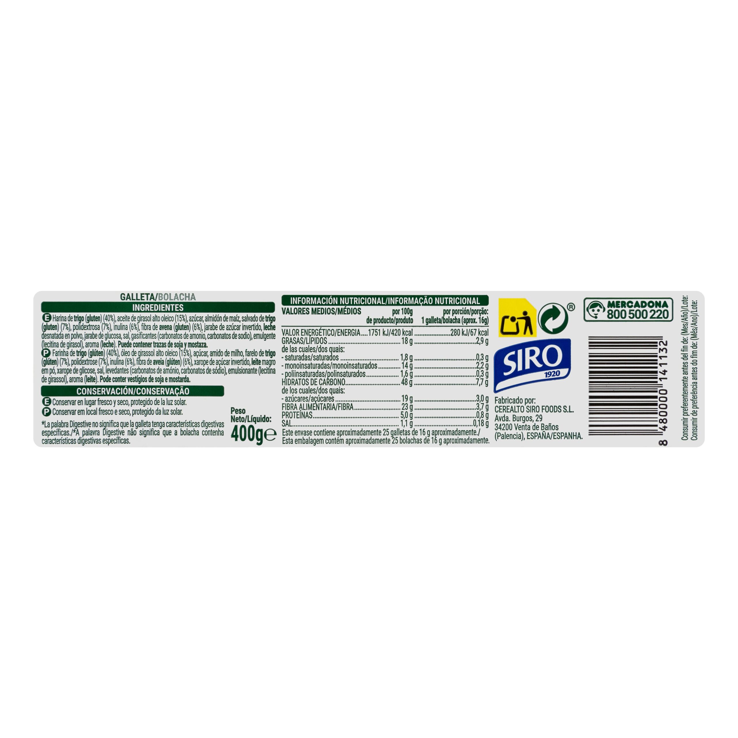 Etiqueta Galletas Digestive fibra 23% Hacendado